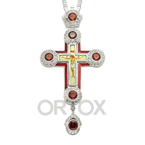 Крест наперсный серебряный с цепью, фианиты фото 2