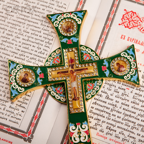 Крест требный четырехконечный, зеленая эмаль, камни, 17х29 см фото 9
