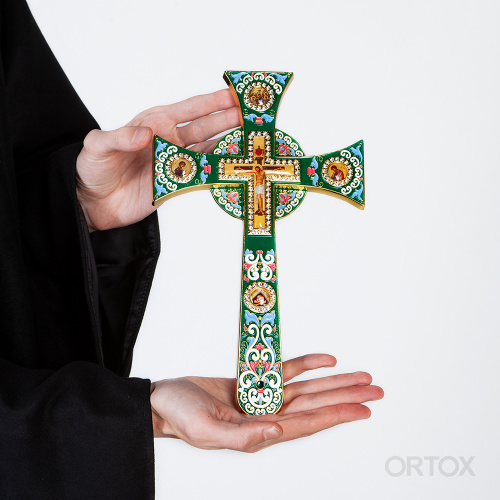Крест требный четырехконечный, зеленая эмаль, камни, 17х29 см фото 10