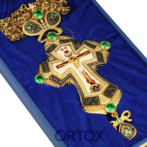 Крест наперсный латунный в позолоте, фианиты, 8х17 см фото 2