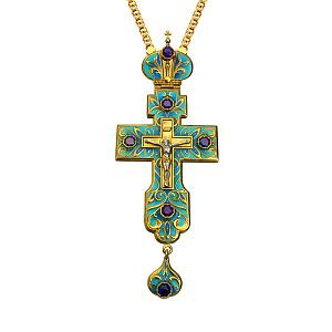 Крест наперсный серебряный, с цепью, позолота, синие фианиты, высота 17 см (эмаль)