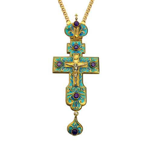 Крест наперсный серебряный, с цепью, позолота, синие фианиты, высота 17 см