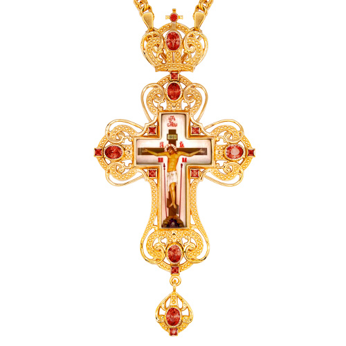 Крест наперсный латунный в позолоте с цепью, фианиты, 7,5х15 см фото 5