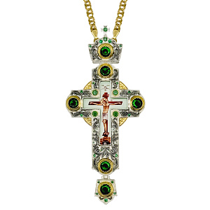 Крест наперсный из ювелирного сплава с цепью, позолота, фианиты, 8х15 см (зеленые фианиты)