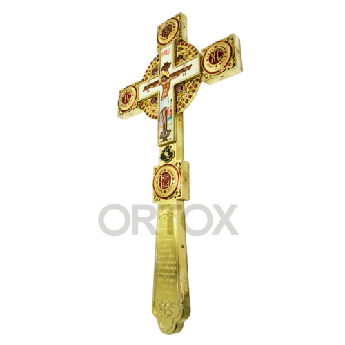 Крест напрестольный из ювелирного сплава в позолоте с фианитами и эмалью, 17,5х34 см фото 3