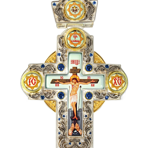 Крест наперсный из ювелирного сплава с украшениями, синие камни, 7х15 см фото 3