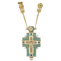 Крест наперсный серебряный, с цепью, с позолотой и эмалью, голубые фианиты