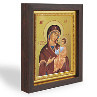 Икона Божией Матери "Иверская", в узком багете, цвет "темный дуб", на холсте, с золочением