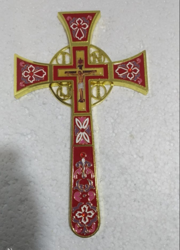 Крест требный четырехконечный, цинковый сплав, красная эмаль, камни, 17х29 см, У-0970 фото 2