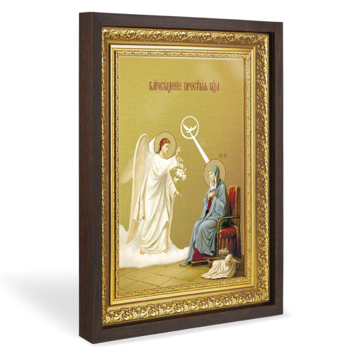 Икона Благовещения Пресвятой Богородицы, в широком багете, цвет "темный дуб", на холсте, с золочением №2