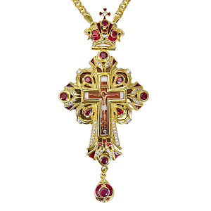 Крест наперсный из ювелирного сплава с цепью, позолота и фианиты, высота 13 см (красные камни)