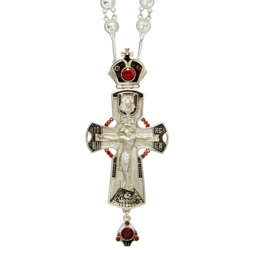 Крест наперсный серебряный, с цепью, фианиты, высота 13 см