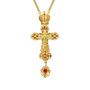 Крест наперсный "Ажурный" серебряный в позолоте с цепью, высота 14 см (красные фианиты)