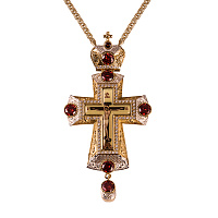 Крест наперсный из ювелирного сплава в позолоте с цепью, красные фианиты, 7х14,7 см