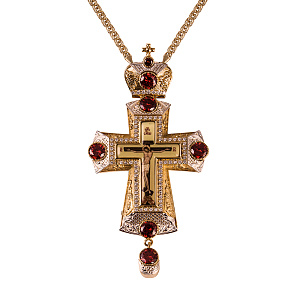 Крест наперсный латунный в позолоте с цепью, красные фианиты, 7х14,7 см (средний вес 181 г)