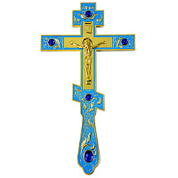 Крест напрестольный, голубая эмаль, синие камни, 14,5х26 см, У-1152