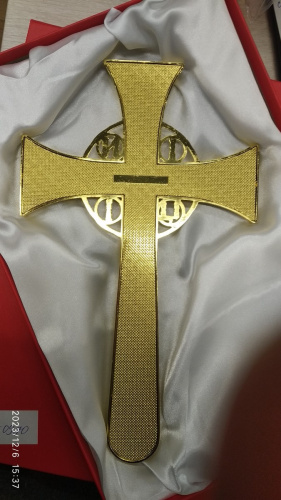 Крест требный четырехконечный, цинковый сплав, красная эмаль, камни, 17х29 см, У-0970 фото 7