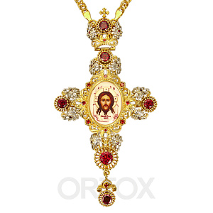 Крест наперсный из ювелирного сплава с цепью, позолота и деколь (красные камни)