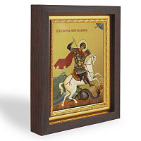 Икона Георгия Победоносца, в узком багете, цвет "темный дуб", на холсте, с золочением