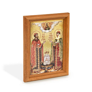 Икона благоверных князей Петра и Февронии Муромских в деревянной рамке, цвет "кипарис", 12х1,5 х17 см (стекло, картон)