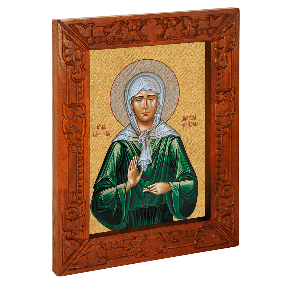 Икона блаженной Матроны Московской, в узкой резной раме, цвет "кипарис", холст с золочением, ширина рамы 7 см