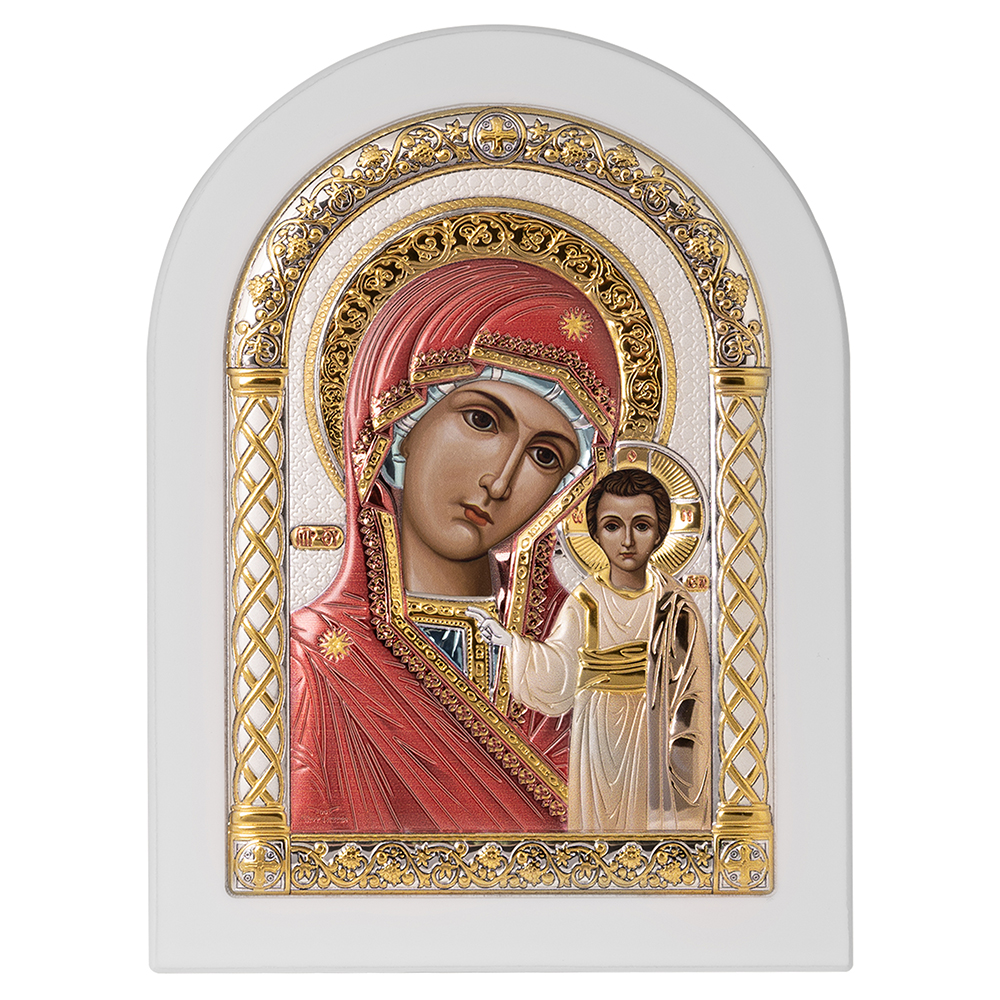 Икона греческая Божией Матери "Казанская", арочной формы на белой деревянной основе, металлический о