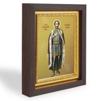 Икона благоверного князя Александра Невского, в узком багете, цвет "темный дуб", на холсте, с золоче