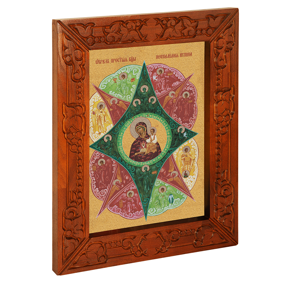 Икона Божией Матери "Неопалимая Купина", в узкой резной раме, цвет "кипарис", холст с золочением, ширина рамы 7 см