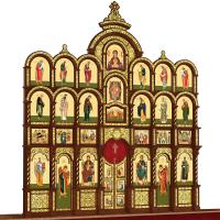 Иконостас деревянный резной "Владимирский" четырехъярусный, цвет "кипарис" с золотом (поталь), 690х730х45 см