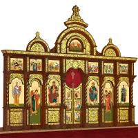 Иконостас деревянный резной "Владимирский" двухъярусный, цвет "кипарис" с золотом (поталь), 690х528х