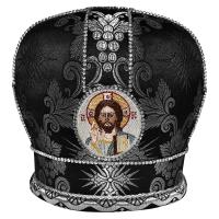 Митра черная из парчи с вышитыми иконами, стразы