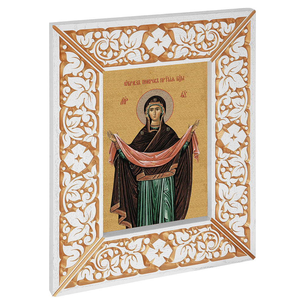 Икона Божией Матери "Покров Пресвятой Богородицы", в широкой резной раме, белая с золотом (патина), холст с золочением, ширина рамы 12 см