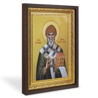 Икона святителя Спиридона Тримифунтского, в широком багете, цвет "темный дуб", на холсте, с золочени