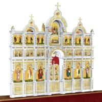 Иконостас деревянный "Романовский" трехъярусный белый с золотом (поталь), 704х655х47 см
