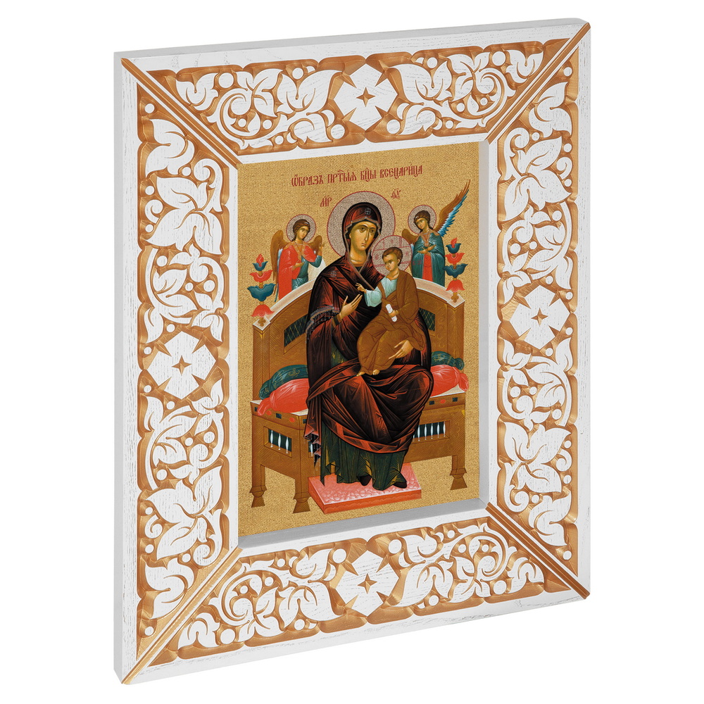 Икона Божией Матери "Всецарица", в широкой резной раме, белая с золотом (патина), холст с золочением, ширина рамы 12 см