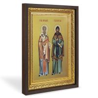 Икона равноапостольных Кирилла и Мефодия, в широком багете, цвет "темный дуб", на холсте, с золочением