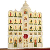 Иконостас деревянный резной "Владимирский" пятиярусный белый с золотом (патина), 690х860х45 см