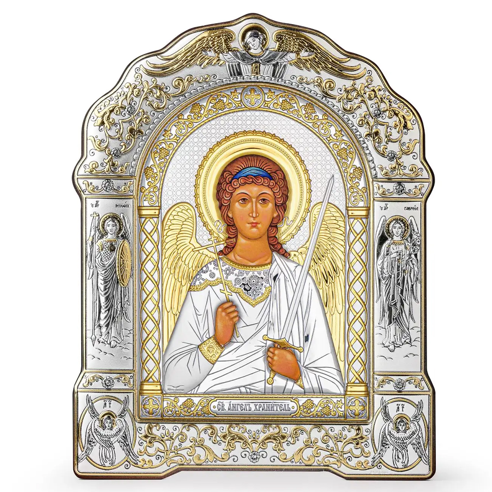 Икона греческая Ангела Хранителя, арочной формы на деревянной основе, металлический оклад, 26,6х33,5 см