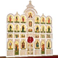 Иконостас деревянный резной "Владимирский" четырехъярусный белый с золотом (патина), 690х730х45 см