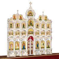 Иконостас деревянный резной "Благовещенский" четырехъярусный белый с золотом (патина), 664х671,5х28 см