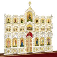 Иконостас деревянный резной "Благовещенский" трехъярусный белый с золотом (поталь), 664х598,5х28 см