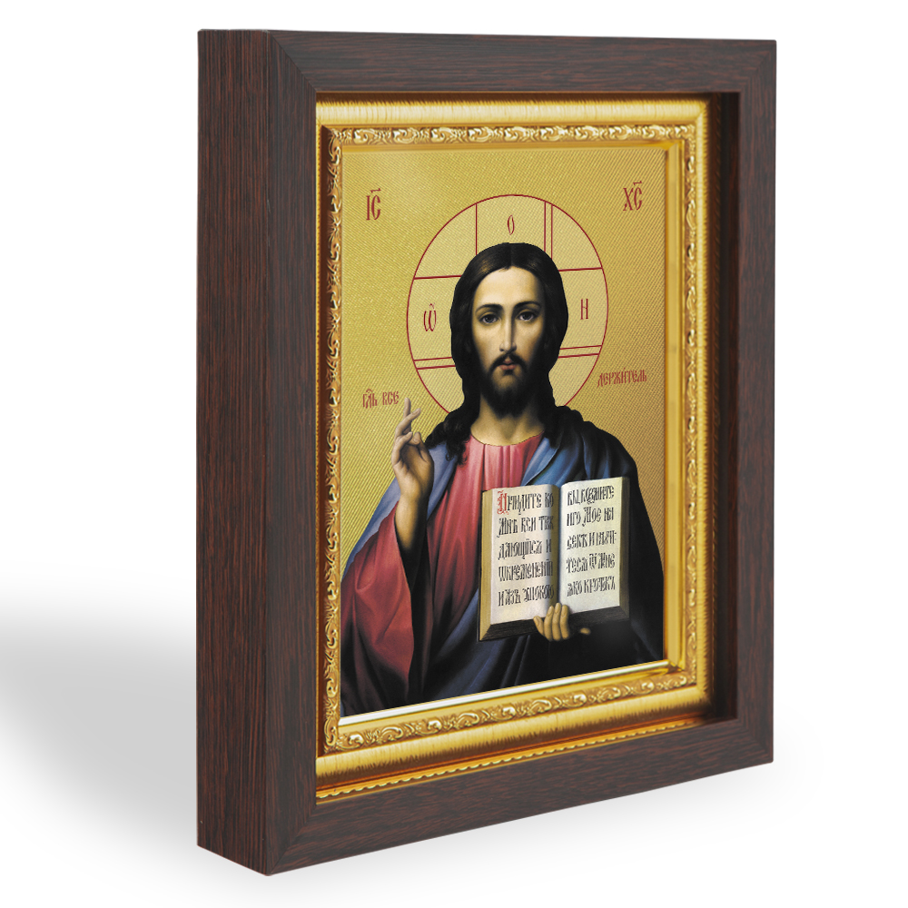 Икона Спасителя Господь Вседержитель, в узком багете, цвет "темный дуб", на холсте, с золочением №2