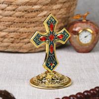 Крест в машину, цинковый сплав, синяя эмаль, красные камни, 5,5х8 см