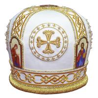 Митра белая с золотой вышивкой, парча, стразы, натуральный жемчуг