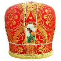 Митра красная из парчи с иконами, стразы