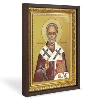 Икона Николая Чудотворца, в широком багете, цвет "темный дуб", на холсте, с золочением