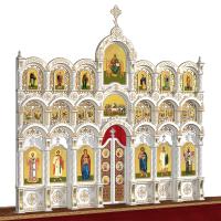 Иконостас деревянный резной "Благовещенский" трехъярусный белый с золотом (патина), 664х598,5х28 см