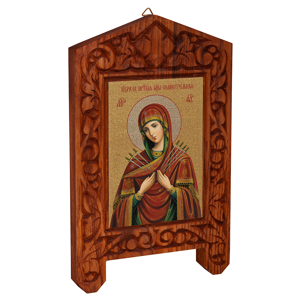 Икона Божией Матери "Семистрельная" на резной доске "Суздальская", холст с золочением