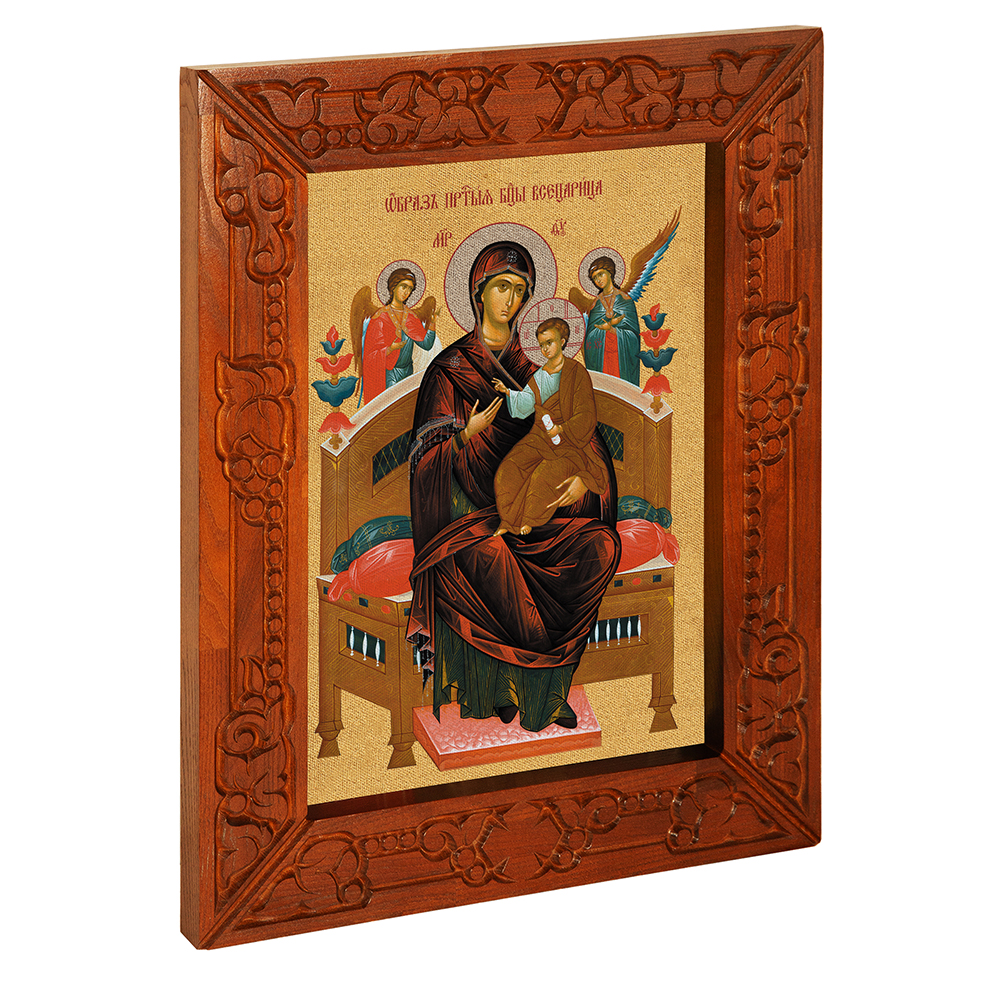 Икона Божией Матери "Всецарица", в узкой резной раме, цвет "кипарис", холст с золочением, ширина рамы 7 см