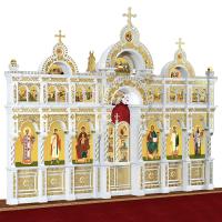 Иконостас деревянный "Романовский" двухъярусный белый с золотом (поталь), 704х540х47 см
